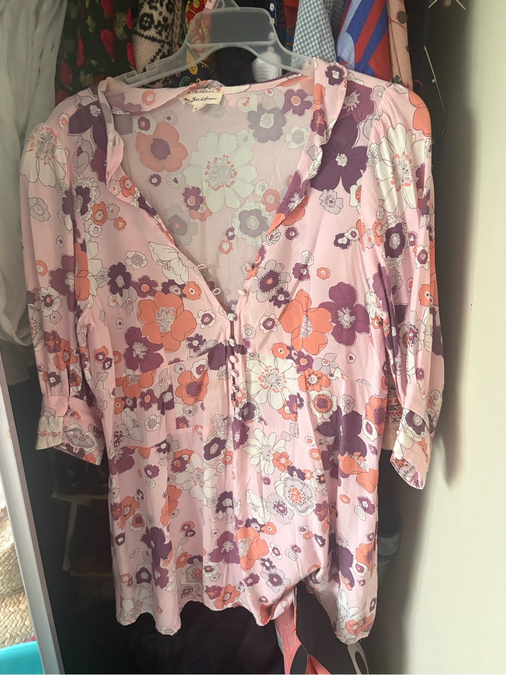 For Love & Lemons Light Pink Floral Tunic with Purple and Coral Accents